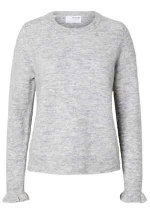 Tröja - Slflulu knit frill cuff o-neck –  Light grey melange