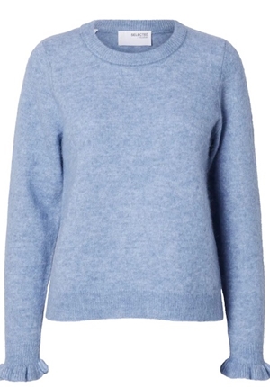 Tröjor/koftor - Slflulu knit frill cuff o-neck – Cashmere Blue/Melange